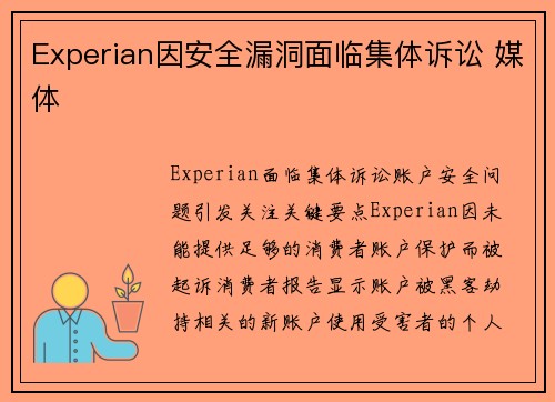 Experian因安全漏洞面临集体诉讼 媒体